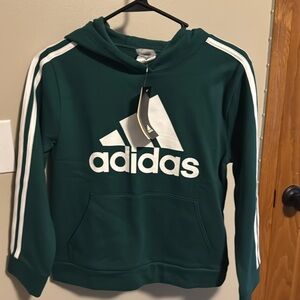 NWT green Adidas hoodie with white stripes and lettering size M 10/12 boys